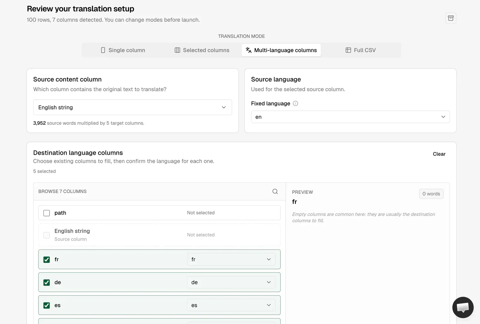 AI Glot platform manual review interface showing intelligent column mapping